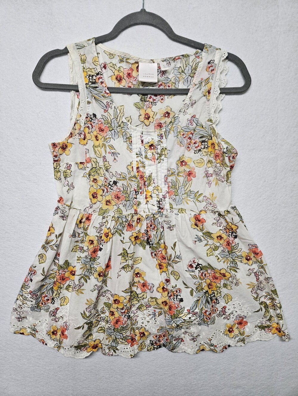 Lauren Conrad White Lace Baby Doll Tank Top Multicolor Floral Size Small Boho